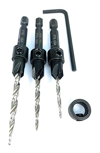FTG USA 3 Pc Wood Countersink Drill Bit Set #4#6#8 with 3/8" Depth Stop - size: #4#6#8, style: with Depth Stop