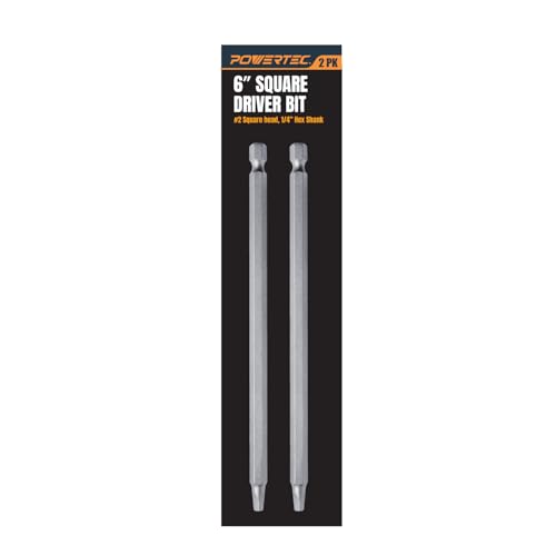 POWERTEC 72259 6 Inch Square Driver Bit Set - #2 Square Head, 1/4" Hex Shank, for Woodworking & Construction (2 Pack) - style: 2PK 6" #2 Square Driver Bit