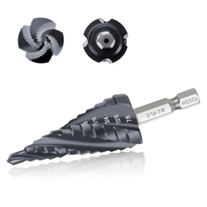 M35 Four Spiral Flute Cobalt Step Drill Bit, 3/16" - 7/8"(12 Step Size) Impact Ready Unibit Step Drill Bit, 1/4" Hex Shank Step Bit for Metal, Stainless Steel, Aluminum, Plastic - style: 1PC M35 Step Drill Bit