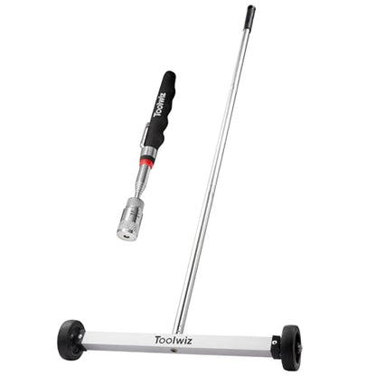 Toolwiz 17" Rolling Magnetic Sweeper with LED Telescopic Pick Up Tool - size: 17 inches + 8 LB Pick Up Tool with Light