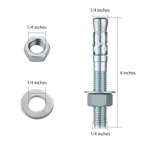 Wensilon 1/4x4" 10Pcs Inch Standard Fasteners for Heavy-Duty Zinc Wedge Anchors for Cement and Concrete - size: 1/4x4"