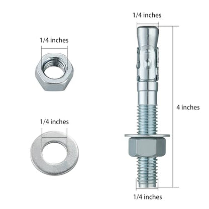 Wensilon 1/4x4" 10Pcs Inch Standard Fasteners for Heavy-Duty Zinc Wedge Anchors for Cement and Concrete - size: 1/4x4"