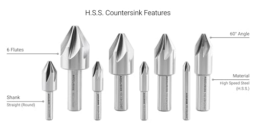 Accusize Industrial Tools 60 Degree 6 Flute H.S.S. Machine Countersink, 8 Pcs, Precision Ground, 0206-0010 - size: 60°