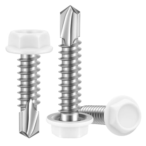#12 x 1-1/2" Hex Washer Head Self Drilling Sheet Metal Screws with Drill Point, Stainless Steel 410, White Head, 50 PCS - color: White, size: #12 x 1-1/2"