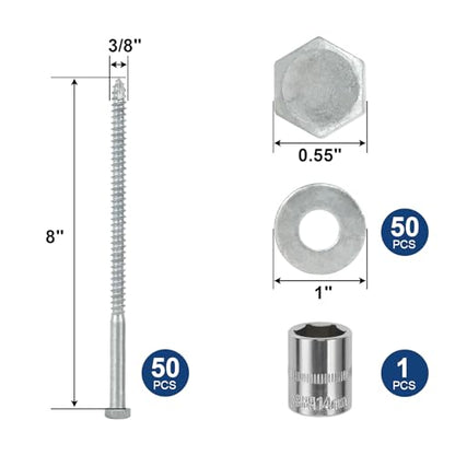3/8" x 8" Lag Screws Bolts with Washers(50Pcs) - size: 3/8x8in