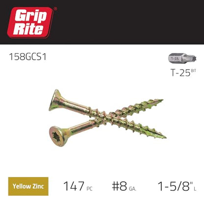 Grip Rite Prime Guard 158GCS1 T25 Star Drive Construction Screws with Type 17 Tip 1-Pound Box, 8 by 1-5/8"
