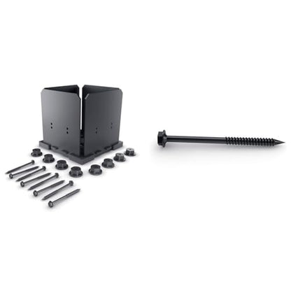 Ozco 51709 8x8 Elevated Post Base Kit with 25 1/4" x3-3/4 OWT Timber Screws, Black Galvanized Steel