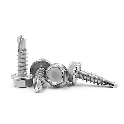 #10 x 1 (100 Pack) Hex Washer Head Self Drilling Screws, Self Tapping Sheet Metal Tek Screws, 410 Stainless Steel - size: #10 x 1"