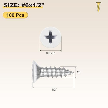 METALLIXITY 100Pcs #6x1/2 Countersunk Phillips Wood Screws SS304 - color: White Head, size: #6x1/2"
