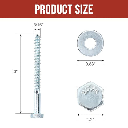 5/16" x 3" Lag Bolts (50 Pcs) 5/16 inch Lag Screws for Wood, Heavy Duty Hex Head with Washers, Zinc Plated - size: 5/16" x 3" (50 PCS)
