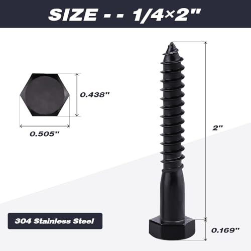 20-Sets 1/4 x 2 Hex Lag Screws and 1/4" ID Flat Washers, 304 Stainless Steel 18/8, Black Coated, Heavy Duty Wood Screws for Deck/Fence/Floor, by AOESIN - size: 1/4 x 2"