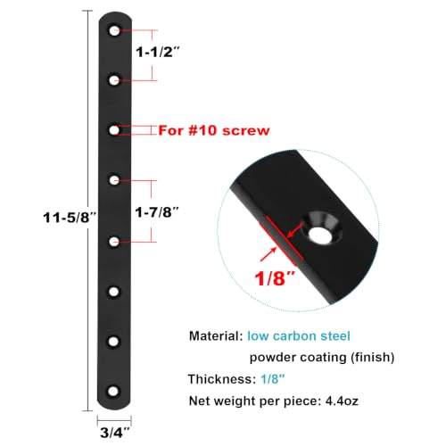 10 Pack 11-5/8" Black Flat Mending Plate, Long Metal Flat Brace Bracket
