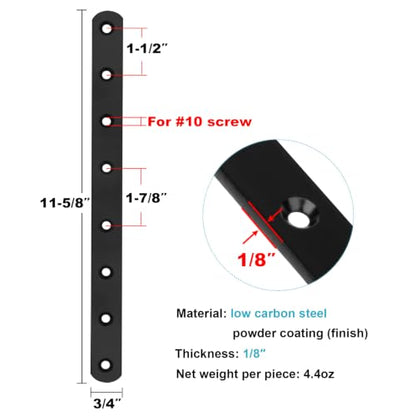10 Pack 11-5/8" Black Flat Mending Plate, Long Metal Flat Brace Bracket