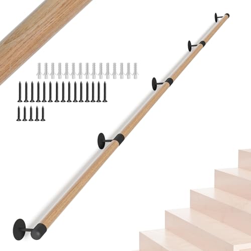 13FT Round Wooden Stair Handrail Wall Mount - size: 13FT