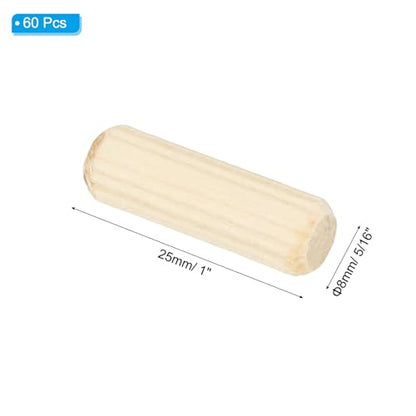 PATIKIL 5/16" x 1"(8 x 25mm) Wood Dowel Pins, 60 Pack Fluted Wooden Dowel Pin Straight Groove Rods for Furniture Door Art Crafts Projects - size: 5/16" x 1"