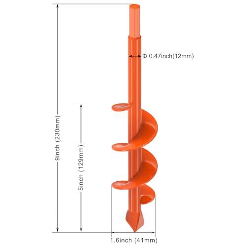 Insaga 1.6" x 9" Auger Drill Bit for Planting, 2.5mm Thick Spiral Earth Drill Garden Auger for Post Hole Digger, Solid Steel Bright Orange Powder Coated, Fit 3/8'' Hex Drive for Bulb Flower Garden - size: 1.6'' x 9''