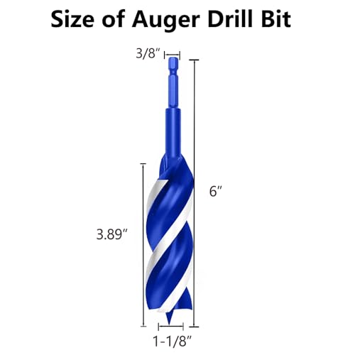 1-1/8 Inch Auger Drill Bit for Wood, 6" Long Carbon Steel Quick Change Hex Shank Wood Drill Bit for Hardwood, Softwood and Plastic (Blue) - size: 1-1/8" x 6"