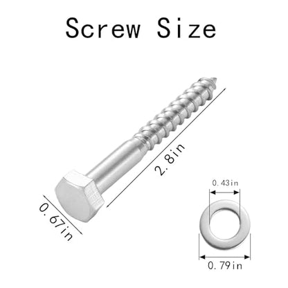 6 Pcs Stainless Steel Lag Bolts 3/8" - Heavy Duty Hex Head 3/8 Lag Bolt for Swing Sets, Decks, and Playground Equipment, M10 x 7cm Replacement Porch Swing Lag Bolts 304 Corrosion Resistant