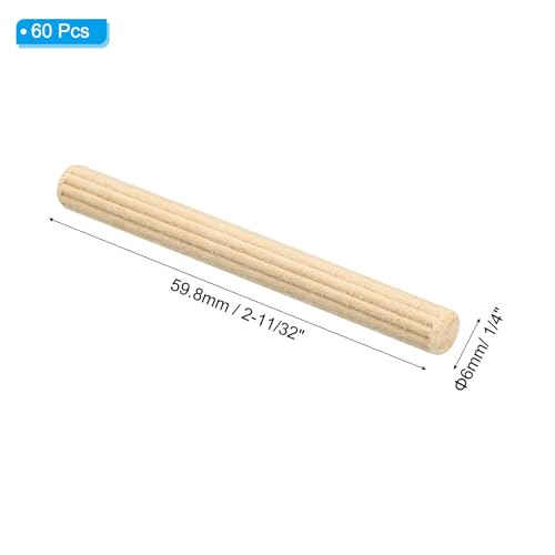 PATIKIL 1/4" x 2-11/32"(6 x 60mm) Wood Dowel Pins, 60 Pack Fluted Wooden Dowel Pin Straight Groove Rods for Furniture Door Art Crafts Projects - size: 1/4" x 2-11/32"