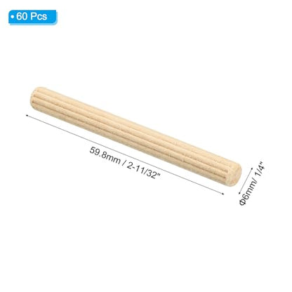 PATIKIL 1/4" x 2-11/32"(6 x 60mm) Wood Dowel Pins, 60 Pack Fluted Wooden Dowel Pin Straight Groove Rods for Furniture Door Art Crafts Projects - size: 1/4" x 2-11/32"