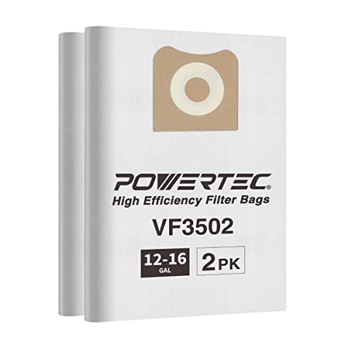POWERTEC 23743 VF3502 Size A Shop Vac Bags for Ridgid 2 Pack, 12-16 Gal. Vacuum Bags for Ridgid HD1200, HD1400 Wet Dry Vac (75002)