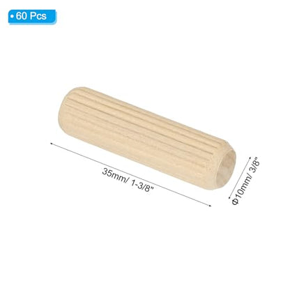 PATIKIL 3/8" x 1-3/8"(10 x 35mm) Wood Dowel Pins, 60 Pack Fluted Wooden Dowel Pin Straight Groove Rods for Furniture Door Art Crafts Projects - size: 3/8" x 1-3/8"