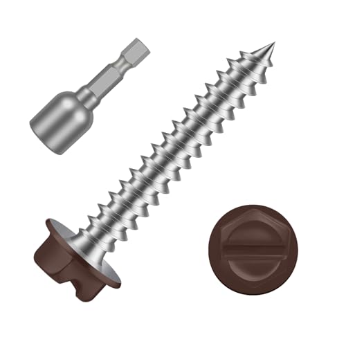 #8 x 1 Brown Painted Hex Washer Head Self Tapping Screws, Self Piercing Gutter Screws, Socket Bit Included, 100 PCS - color: Brown, size: #8 x 1"