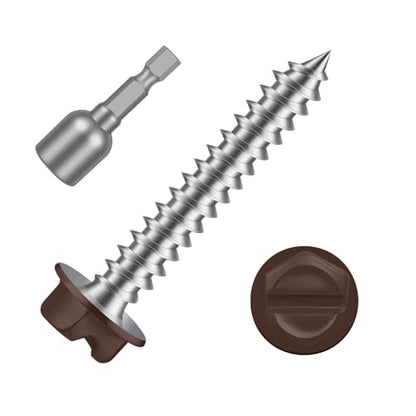 #8 x 1 Brown Painted Hex Washer Head Self Tapping Screws, Self Piercing Gutter Screws, Socket Bit Included, 100 PCS - color: Brown, size: #8 x 1"