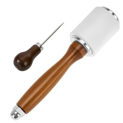 QWORK Nylon Leather Carving Mallet Hammer + Scratch Awl with Hardwood Handle