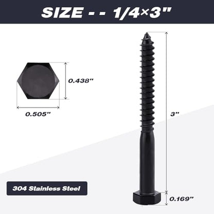 12-Sets 1/4 x 3 Hex Lag Screws and 1/4" ID Flat Washers, 304 Stainless Steel 18/8, Black Coated, Heavy Duty Wood Screws for Deck/Fence/Floor, by AOESIN - size: 1/4 x 3"