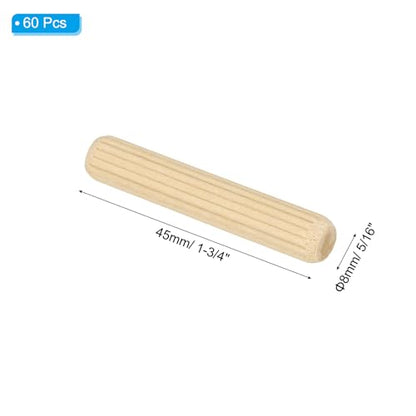PATIKIL 5/16" x 1-3/4"(8 x 45mm) Wood Dowel Pins, 60 Pack Fluted Wooden Dowel Pin Straight Groove Rods for Furniture Door Art Crafts Projects - size: 5/16" x 1-3/4"