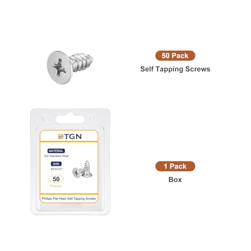DTGN 50Pcs #10x1/2 Flat Head Wood Screws, 304 Stainless Steel - Silver - color: Silver, size: #10x1/2"