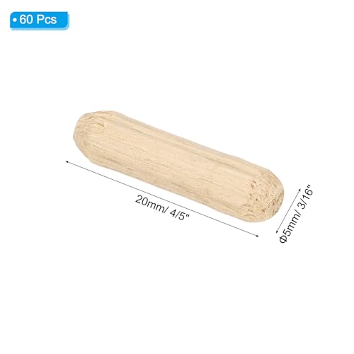 PATIKIL 3/16" x 4/5"(5 x 20mm) Wood Dowel Pins, 60 Pack Fluted Wooden Dowel Pin Straight Groove Rods for Furniture Door Art Crafts Projects - size: 3/16" x 4/5"