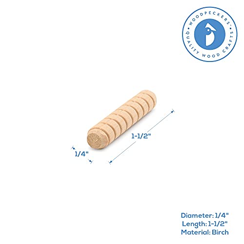 Wooden Dowel Pins 1/4 inch x 1-1/2 inch, Pack of 100 Spiral Dowel Joints for Woodworking, Furniture and Crafts, by Woodpeckers - size: 1/4 inch x 1-1/2 inch