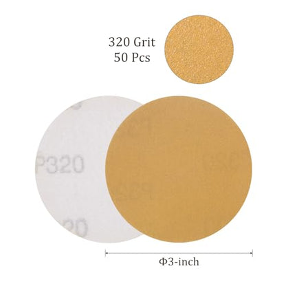 50pcs No Hole Sanding Discs- [ 3 Inch 320 Grit ] Round Hook and Loop Grip Sanding Pads Sheet Sandpaper for Automotive Woodworking Metal Polishing Use| Gold, Aluminum Oxide - size: 320 grit