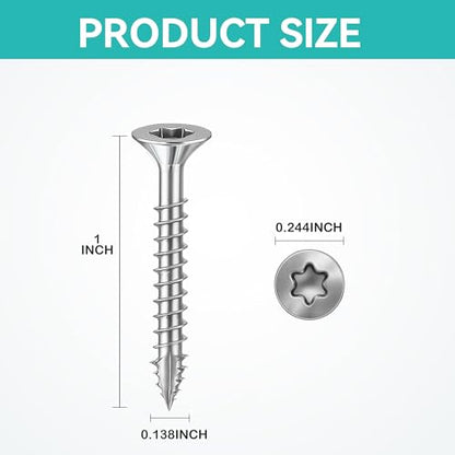 Wood Screws #6 × 1 inch Torx Star Drive Deck Screws Flat Head M3.5 × 25 Countersunk T10 Self Tapping Thread Cut 200pcs Carbon Steel Galvanized Very Small Size Screw (200PCS/Small Box) - color: Silver, size: #6×1