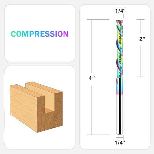 UP&Down Compression Router Bit 1/4" Shank, Extra Long 4" OVL, 2" Cutting Length, Solid Carbide Spiral Router Bits CNC End Mill with TAC Coating for Wood Milling Cutters - size: 1/4" Dia - 2" CL -1/4" Shank, style: COMPRESSION CUT