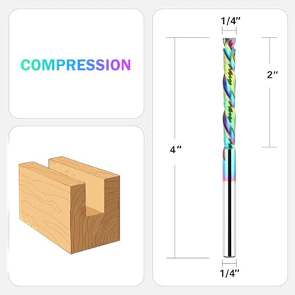 UP&Down Compression Router Bit 1/4" Shank, Extra Long 4" OVL, 2" Cutting Length, Solid Carbide Spiral Router Bits CNC End Mill with TAC Coating for Wood Milling Cutters - size: 1/4" Dia - 2" CL -1/4" Shank, style: COMPRESSION CUT