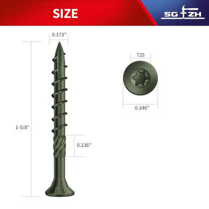 #8 x 1-5/8" Deck Screws (138Pcs) 1lb. Carbon Steel, Green, Flat Head, Rust Resistant epoxy Coated, with T25 Star Bit - color: Green, size: #8 x 1-5/8"