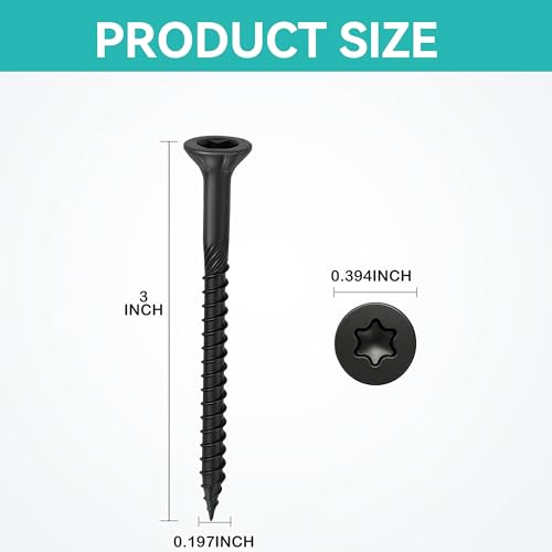 Wood Screws Black #10 × 3 inch Torx Star Drive Deck Screws Flat Head M5 × 75 Countersunk T25 Self Tapping Thread Cut 50pcs Carbon Steel Galvanized (50PCS/Small Box Black) - color: Black, size: #10×3