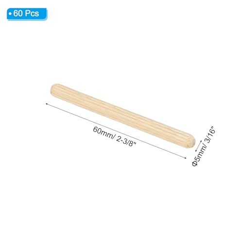 PATIKIL 3/16" x 2-3/8"(5 x 60mm) Wood Dowel Pins, 60 Pack Fluted Wooden Dowel Pin Straight Groove Rods for Furniture Door Art Crafts Projects - size: 3/16" x 2-3/8"