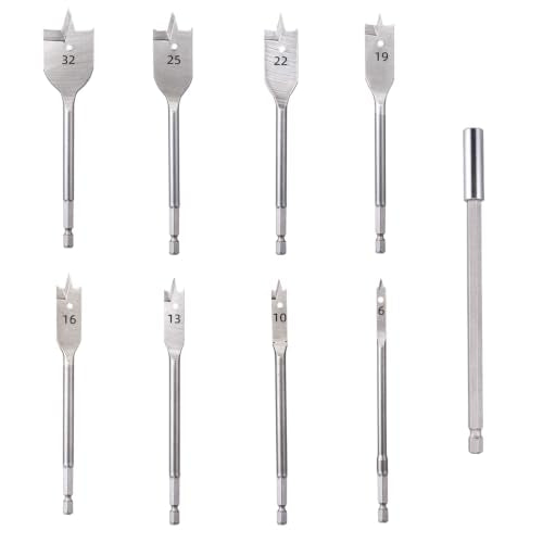 Spade Bit Set 1/4" to 1-1/4" Wood Drill Bits W/6" Extension Rod 9 PCS