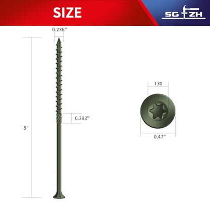 #14 x 8 Inch Deck Screws (17Pcs) 1lb. Carbon Steel, Green, Flat Head, Rust Resistant epoxy Coated, with T30 Star Bit - color: Green, size: #14 x 8"