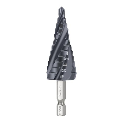 M35 Four Spiral Flute Cobalt Step Drill Bit, 3/16" - 7/8"(12 Step Size) Impact Ready Unibit Step Drill Bit, 1/4" Hex Shank Step Bit for Metal, Stainless Steel, Aluminum, Plastic - style: 1PC M35 Step Drill Bit