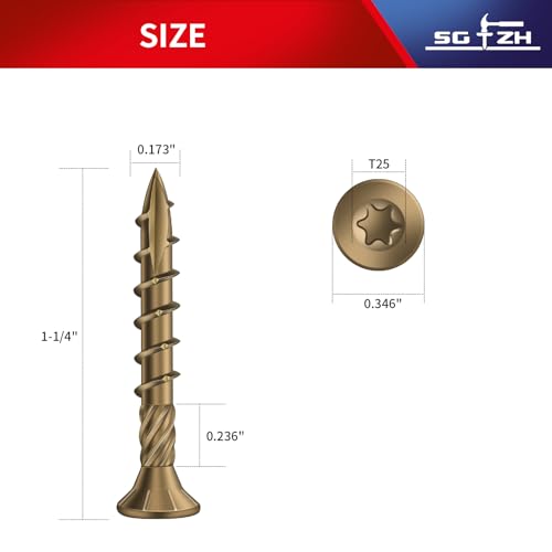 #8 x 1-1/4" Deck Screws (175Pcs) 1lb. Carbon Steel, Yellow, Flat Head, Rust Resistant epoxy Coated, with T25 Star Bit - color: Yellow, size: #8 x 1-1/4"