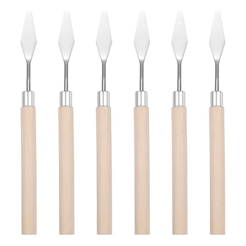 MECCANIXITY 6Pcs Palette Knife Pointed Head, 6.37" Long Palette Knives with Stainless Steel Flexible Spatula Pallet Knife and Wood Handle for Scraping, Oil Acrylic Painting Canvas - size: 6.37"