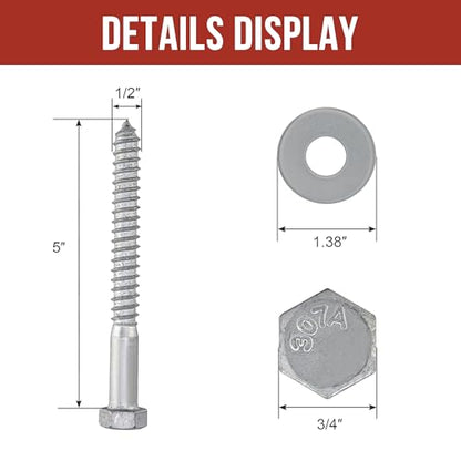 1/2" x 5" Lag Bolts (25 PCS) Lag Screws for Wood, Hot Dip Galvanized, Heavy Duty Hex Head with Washers - size: 1/2" x 5"