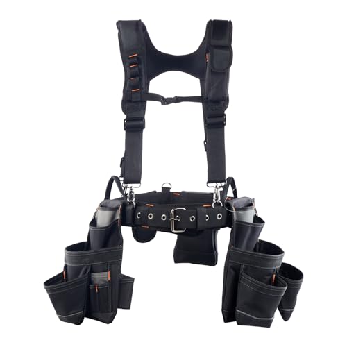 VEVOR Tool Belt, 19 Pockets Tool Pouch with Suspenders for Men, Heavy Duty Adjustable Utility Belt Work Bag Detachable Suspension Rig for Electrician, Carpenter, Construction, Adjust Waist 31 to 51in - size: 19 Pockets