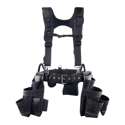 VEVOR Tool Belt, 19 Pockets Tool Pouch with Suspenders for Men, Heavy Duty Adjustable Utility Belt Work Bag Detachable Suspension Rig for Electrician, Carpenter, Construction, Adjust Waist 31 to 51in - size: 19 Pockets
