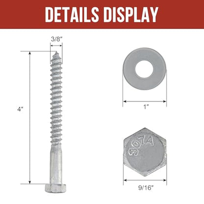 3/8" x 4" Lag Bolts (50 Pcs) Lag Screws for Wood, Hot Dip Galvanized, Hex Head with Washers - size: 3/8" x 4" (50 PCS)